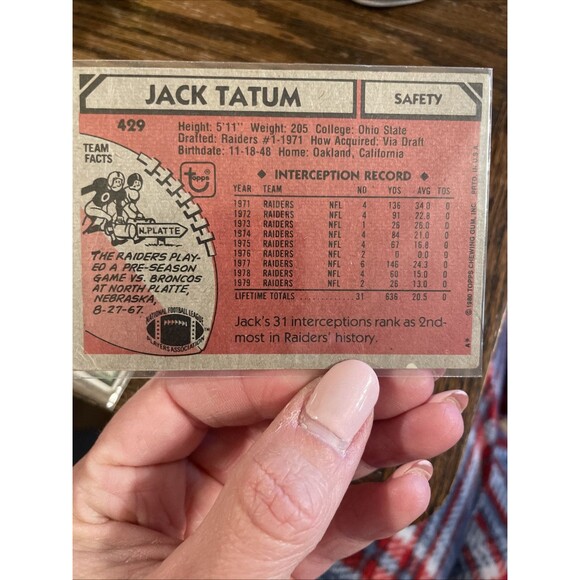 1979 & 80 Topps Football Card Jack Tatum-Oakland Raiders Trading Card Lot 2 - Picture 3 of 3